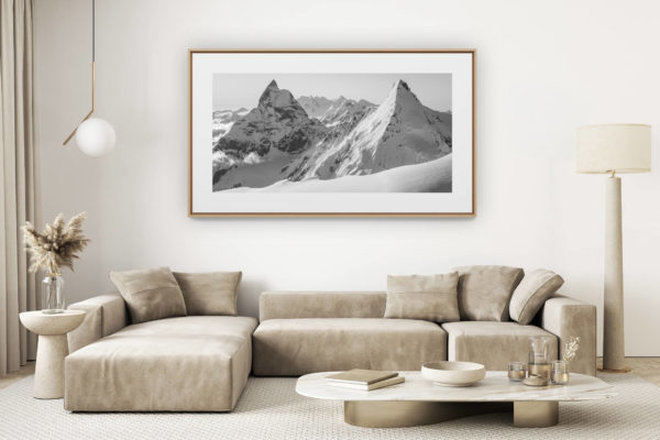 décoration salon clair rénové - photo montagne grand format - Cervin - Tableau panoramique montagne enneigéed herens