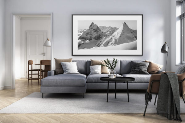 décoration intérieur salon rénové suisse - photo alpes panoramique grand format - Cervin - Tableau panoramique montagne enneigéed herens