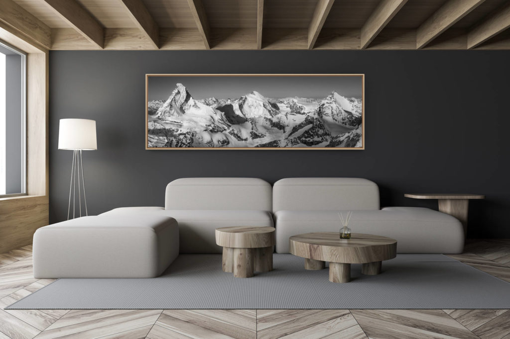 décoration salon chalet moderne - intérieur petit chalet suisse - photo montagne noir et blanc grand format - Vue panoramique Mont Cervin dent d'Hérens