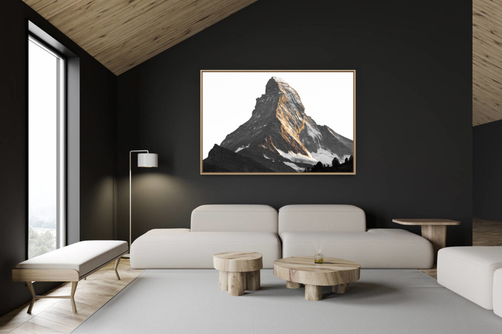 swiss chalet decoration - swiss chalet interior - large mountain picture - The Matterhorn north face - mountain sunset