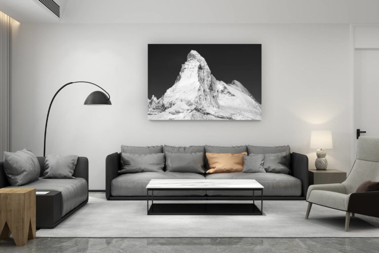 décoration salon contemporain suisse - cadeau amoureux de montagne suisse - photo cervin noir et blanc - montagne enneigé - paysage de montagne noir et blanc en hiver - photo montagne de zermatt
