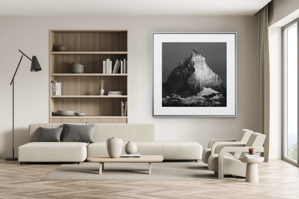 swiss chalet decoration - swiss chalet interior - large size mountain picture - Matterhorn East face picture - Black and white picture of a mountain storm at Zermatt in the Swiss Alps