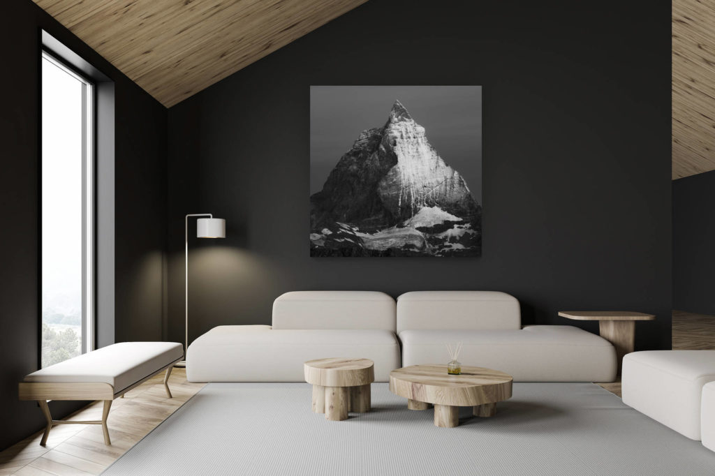 interior architect renovation swiss chalet - large size mountain picture - Matterhorn East face - Black and white picture of a mountain storm at Zermatt in the Swiss Alps