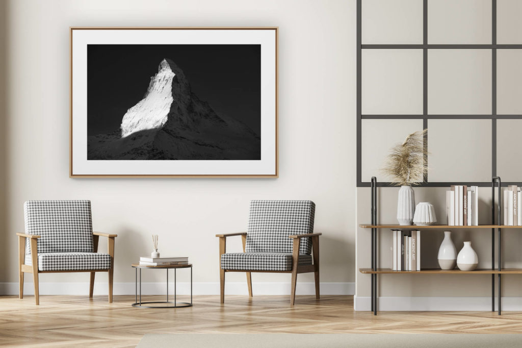 décoration intérieur moderne avec photo de montagne noir et blanc grand format - Photographie noir et blanc du Cervin - Face nord Cervin - Face Est Cervin - Lumière Cervin