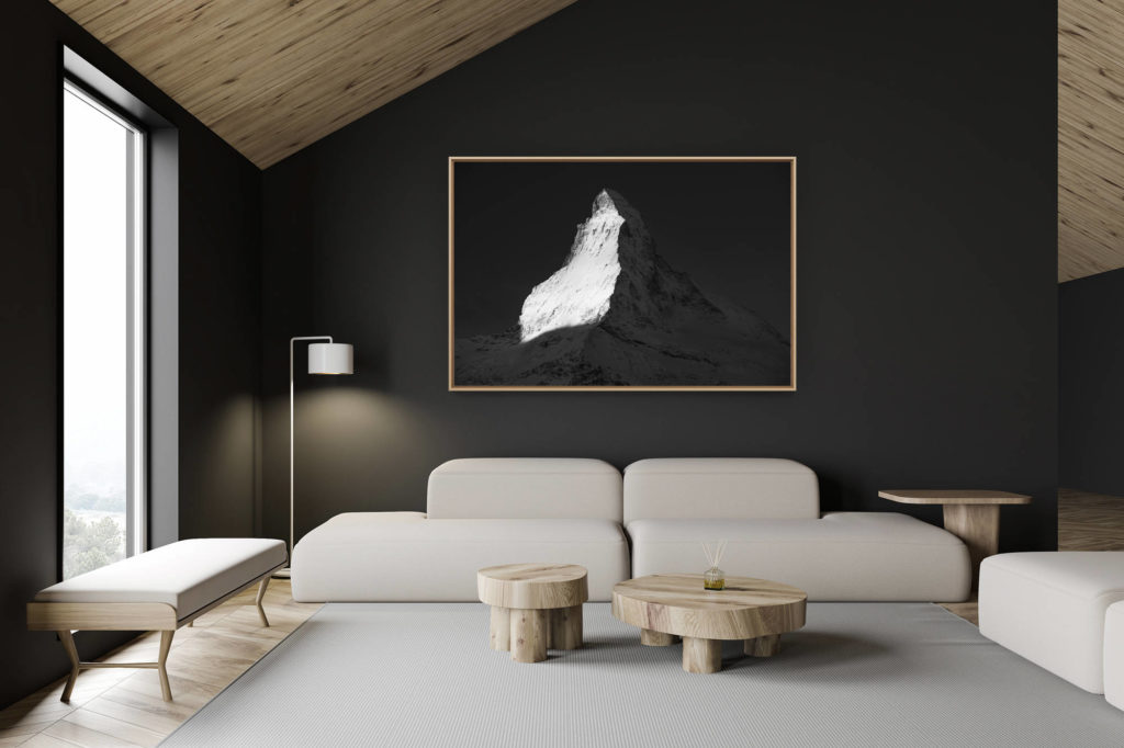décoration chalet suisse - intérieur chalet suisse - photo montagne grand format - Photographie noir et blanc du Cervin - Face nord Cervin - Face Est Cervin - Lumière Cervin