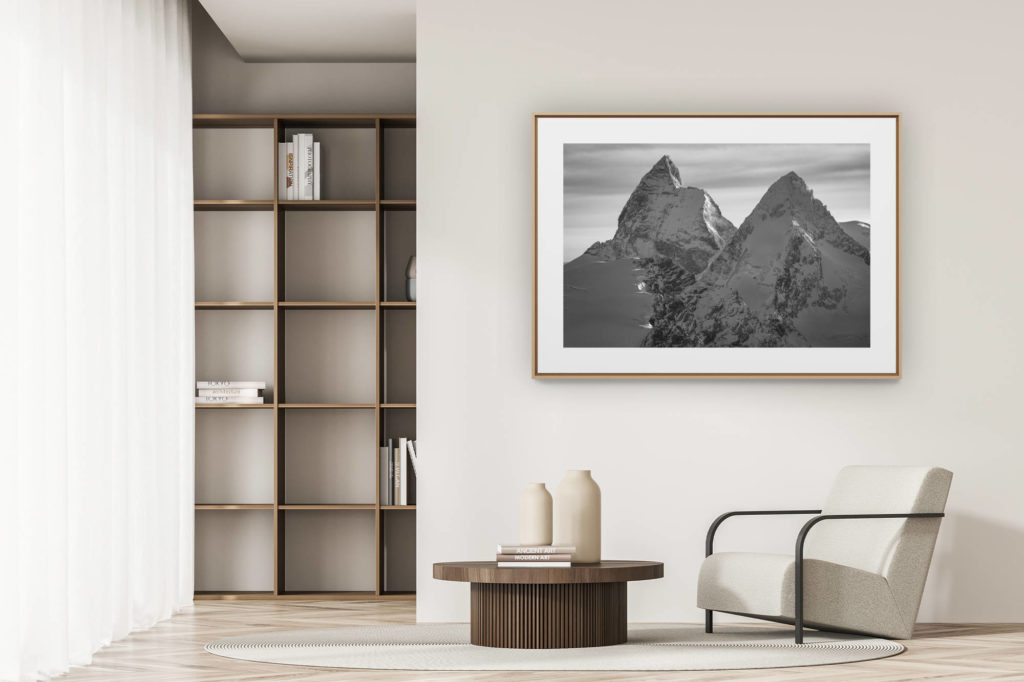 déco tendance salon moderne - photo montagne noir et blanc grand format - mont Cervin Zermatt - Image noir et blanc d'un pic de montagne suisse dans les Alpes