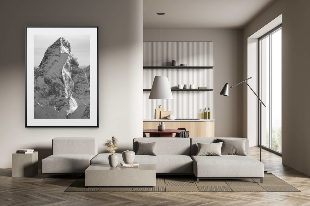 déco tendance salon moderne - photo montagne noir et blanc grand format - Mont Cervin - Lion - Pic Tyndall - photo montagne sous la neige en noir et blanc