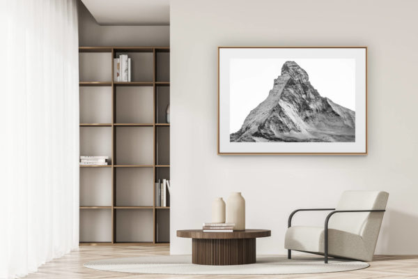 déco tendance salon moderne - photo montagne noir et blanc grand format - Mont Cervin Matterhorn noir et blanc - Massif montagneux et montagnes rocheuses