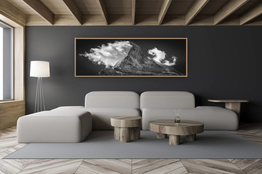 décoration salon chalet moderne - intérieur petit chalet suisse - photo montagne noir et blanc grand format - Photos panoramiques montagnes Mont Cervin -