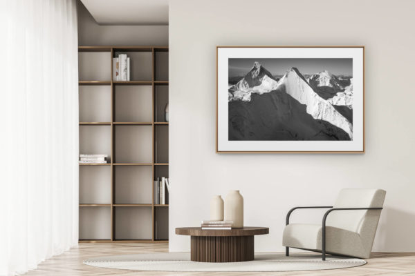 déco tendance salon moderne - photo montagne noir et blanc grand format - Encadrement photo montagne Mont cervin noir et blanc - face Nord Obergabelhorn