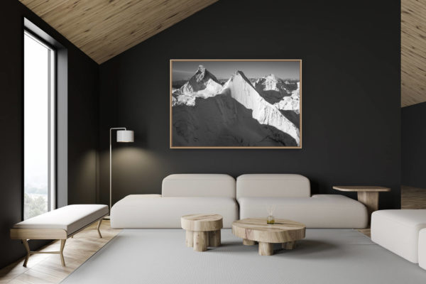 décoration chalet suisse - intérieur chalet suisse - photo montagne grand format - Encadrement photo montagne Mont cervin noir et blanc - face Nord Obergabelhorn