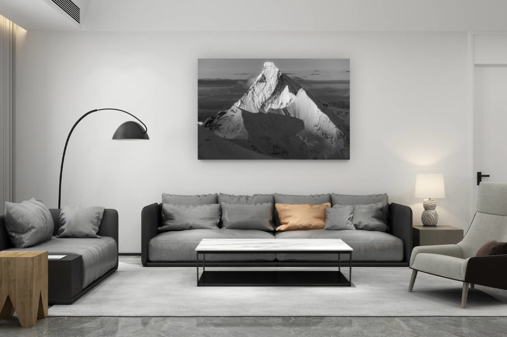 décoration salon contemporain suisse - cadeau amoureux de montagne suisse - Mont Cervin noir et blanc - Image de lumiere de montagne en noir et blanc