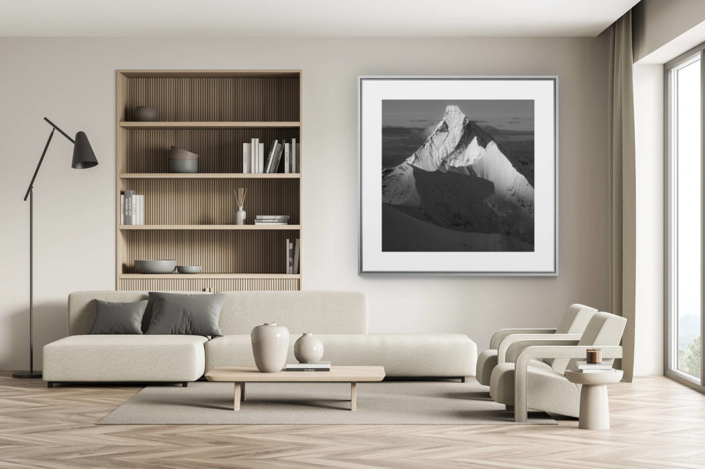 swiss chalet decoration - swiss chalet interior - big mountain picture - black and white mountain shadow - Matterhorn square picture - Obergagelhorn -