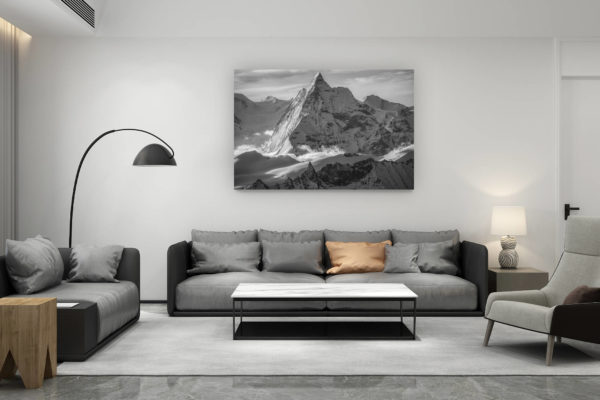 décoration salon contemporain suisse - cadeau amoureux de montagne suisse - Tableau photo noir et blanc de montagne en neige dans les Alpes Valaisannes et Crans Montana