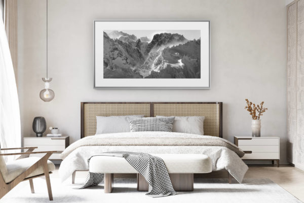 decorating a room in a renovated Swiss chalet - large panoramic mountain photo -