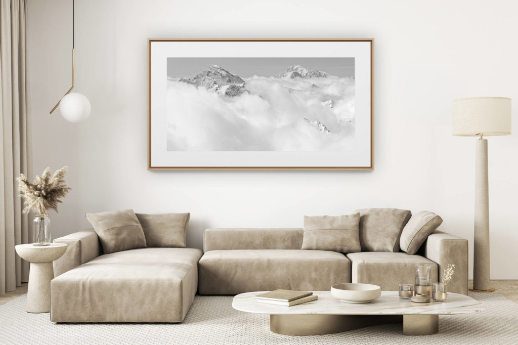 décoration salon clair rénové - photo montagne grand format - Panorama massif mont blanc Combin - vol panoramique mont blanc dans les nuages