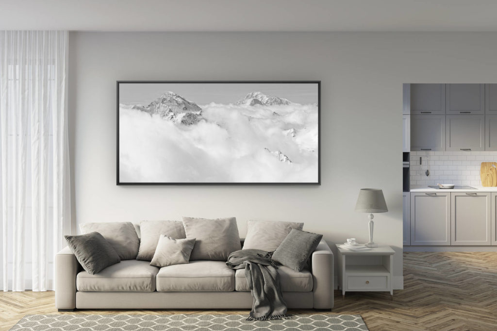 déco salon rénové - tendance photo montagne grand format - Panorama massif mont blanc Combin - vol panoramique mont blanc dans les nuages