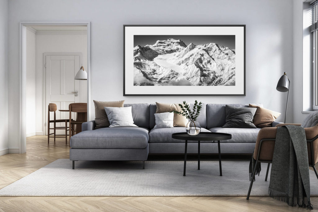 décoration intérieur salon rénové suisse - photo alpes panoramique grand format - photo panorama verbier - montagnes de verbier en hiver - photo combin avec neige