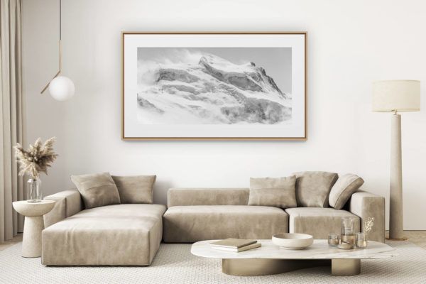 décoration salon clair rénové - photo montagne grand format - vue panoramique Combins - panorama de montagne noir et blanc