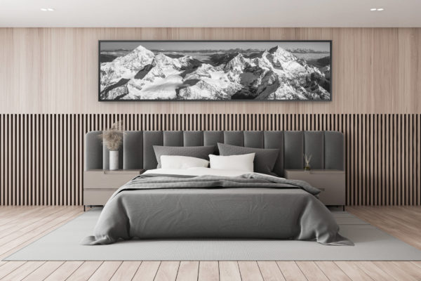 photo montagne noir et blanc - décoration chambre adulte - décoration chalet de montagne - Encadrement photo de noel d'une vue panoramique de montagne de la couronne impériale dans les Alpes Suisses - Crans Montana Zermatt