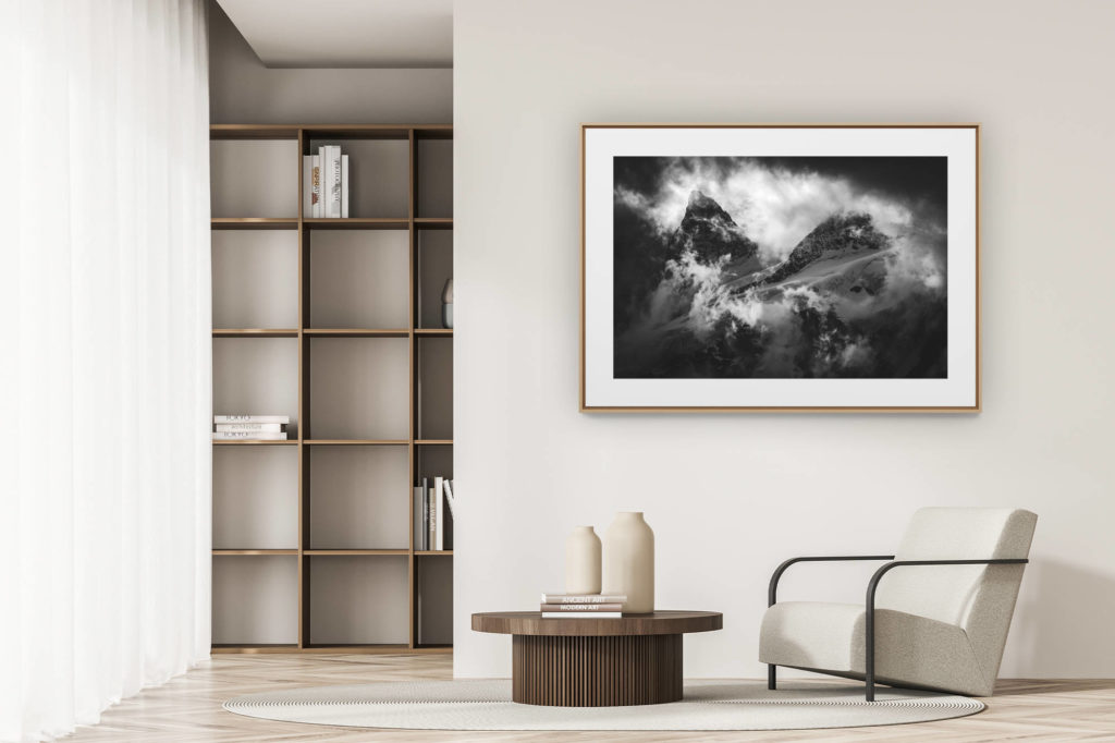 déco tendance salon moderne - photo montagne noir et blanc grand format - image de montagne vallée de Zermatt- Crête Sud et Pointe Nord de Moming