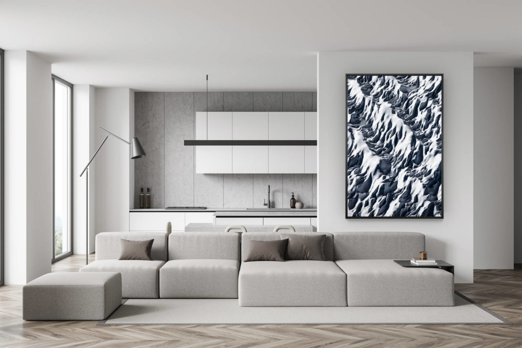 Wanddekoration Wohnzimmer Schweiz - Schwarz-weißes Bergfoto - trendige Esszimmerdekoration - Foto Gletscherspalten in den Alpen - Foto Berglandschaft - Aletschgletscher