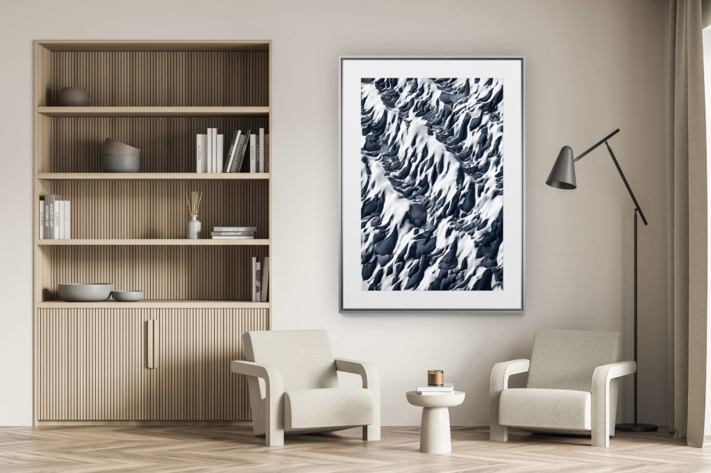 Wanddekoration Wohnzimmer - Bergfoto Schweizer Alpen schwarz und weiß - Foto Gletscherspalten der Alpen - Foto Berglandschaft - Aletschgletscher