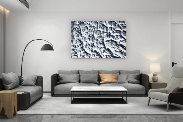 décoration salon contemporain suisse - cadeau amoureux de montagne suisse - Glaciers des Alpes - photo montagne neige et crevasses noir et blanc