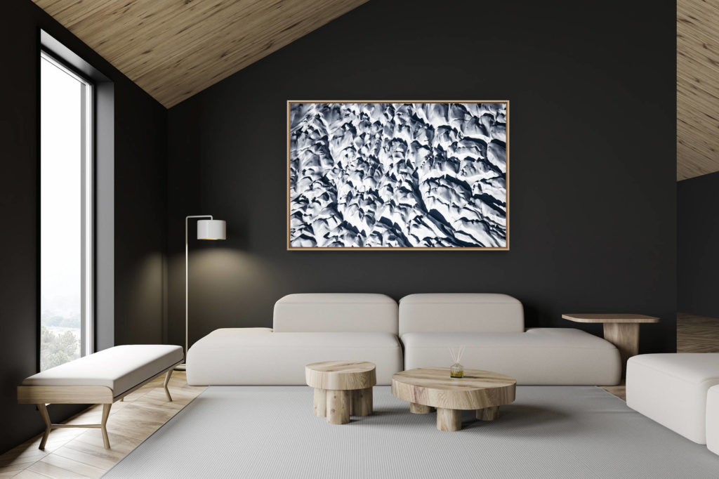 swiss chalet decoration - swiss chalet interior - big mountain picture - Alps glaciers - snow and crevasses mountain picture black and white