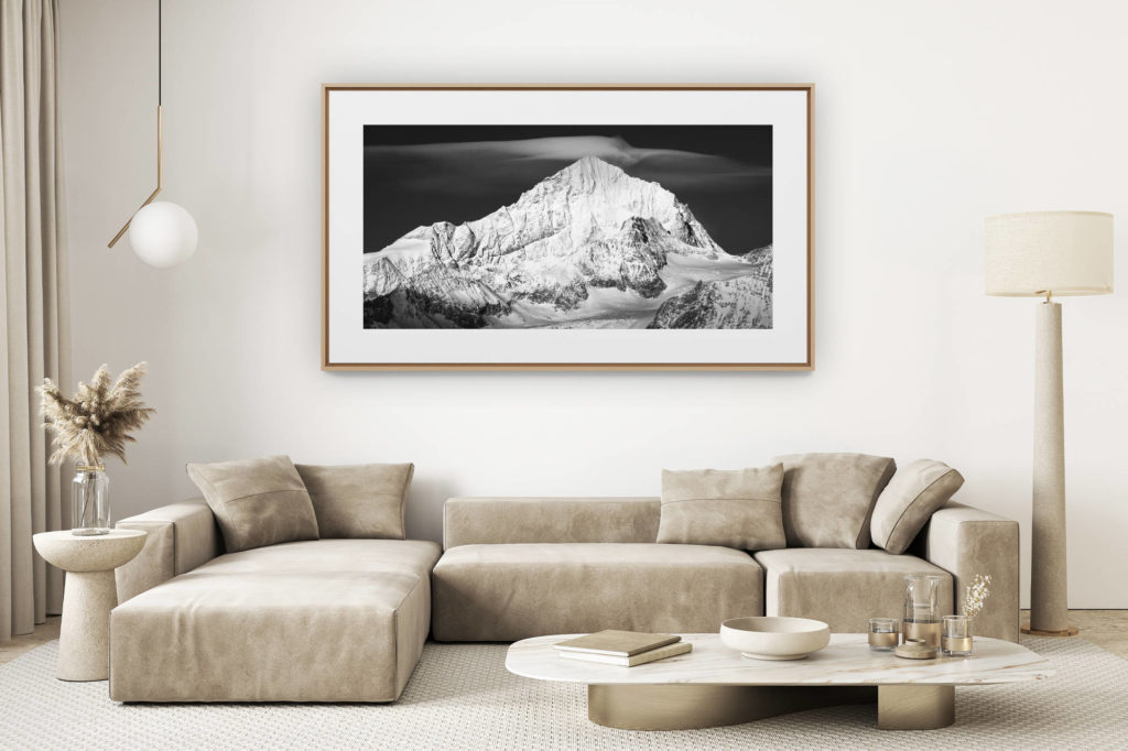 living room decoration Light - large mountain picture - Dent Blanche Zermatt  in the clouds - mountain picture to print in black and white