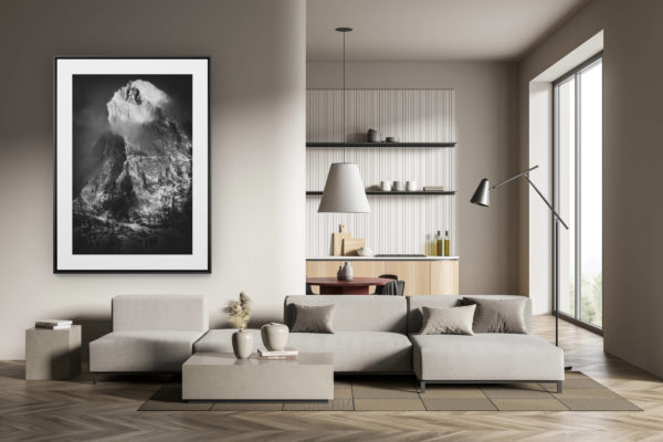 déco tendance salon moderne - photo montagne noir et blanc grand format - Photos dent blanche - Chamonix-val d'Hérens