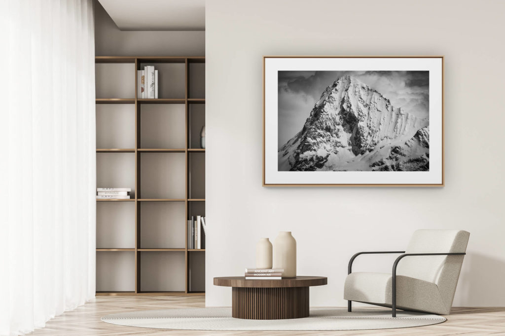 déco tendance salon moderne - photo montagne noir et blanc grand format - Photo mont dent blanche noir et blanc - Vue Val d'Hérens - photo montagnes Alpes