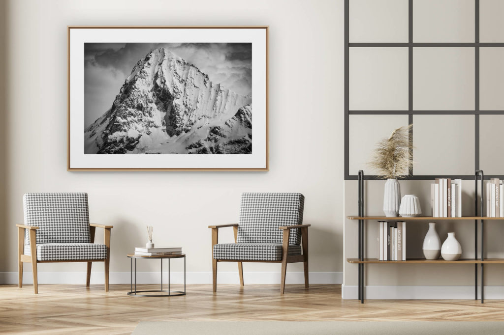 décoration intérieur moderne avec photo de montagne noir et blanc grand format - Photo mont dent blanche noir et blanc - Vue Val d'Hérens - photo montagnes Alpes