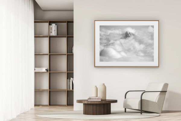 déco tendance salon moderne - photo montagne noir et blanc grand format - Les dents blanches alpes - Val d hérens - mer de nuage montagne en noir et blanc