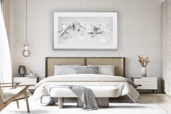 déco chambre chalet suisse rénové - large format panoramic mountain photo - black and white panoramic photo of the Swiss Alps Dent Blanche