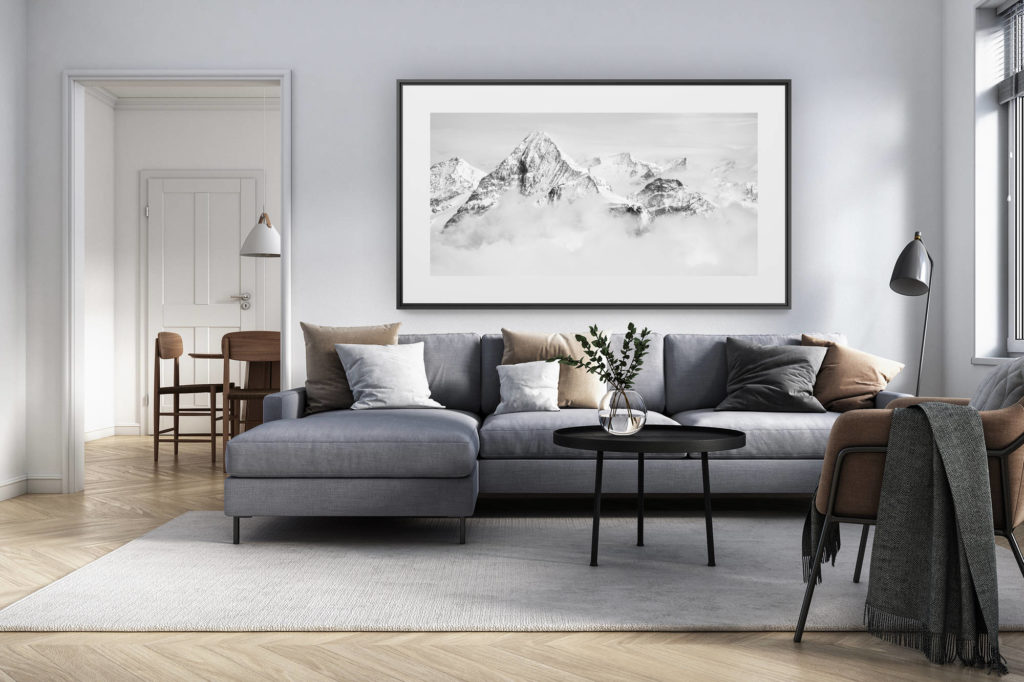 interior design living room renovated switzerland - panoramic alps photo large format - black and white panoramic photo of the alps Dent Blanche