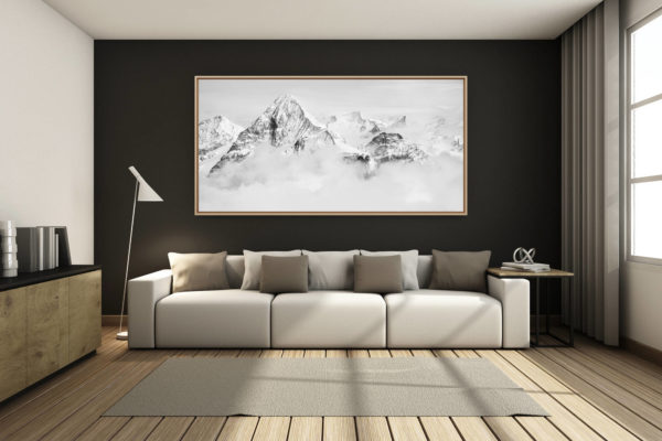 déco salon chalet rénové de montagne - photo montagne grand format -  - photo panoramique noir et blanc de la Dent Blanche