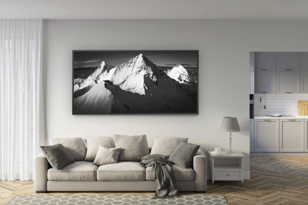 déco salon rénové - tendance photo montagne grand format - Encadrement photo professionnel du Mont Cervin et de la dent blanche dans les alpes en noir et blanc