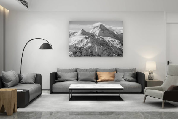 décoration salon contemporain suisse - cadeau amoureux de montagne suisse - Les dents blanches alpes - photo panoramique des dents blanches noir et blanc