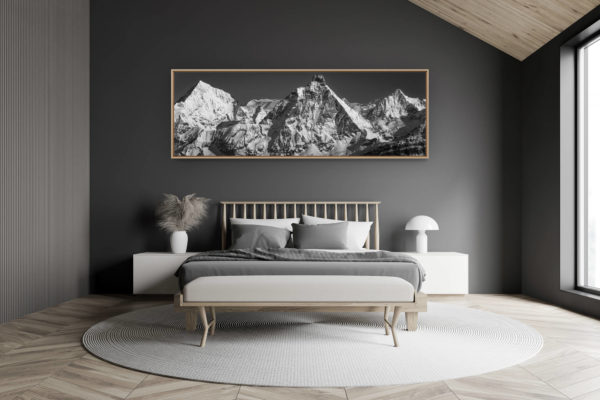 décoration chambre adulte moderne dans petit chalet suisse- photo montagne grand format - Panoramique Mont Cervin - Photo montagne dent blanche Obergabel