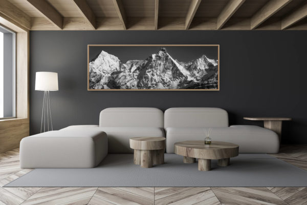 décoration salon chalet moderne - intérieur petit chalet suisse - photo montagne noir et blanc grand format - Panoramique Mont Cervin - Photo montagne dent blanche Obergabel
