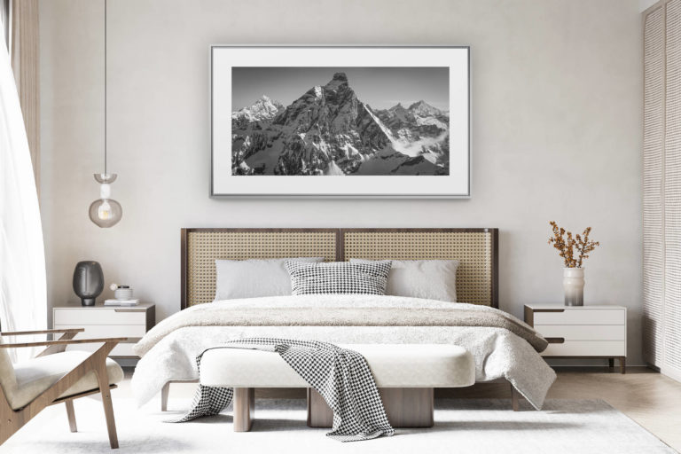 déco chambre chalet suisse rénové - photo panoramique montagne grand format - Paysage montagne neige - Dent Blanche - Cervin - Zinalrothorn - Weisshorn