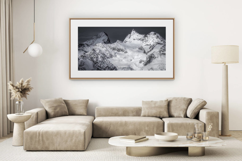 décoration salon clair rénové - photo montagne grand format - Dent Blanche - Obergabelhorn - Panorama des plus belles montagnes et des plus beaux sommets de Zermatt