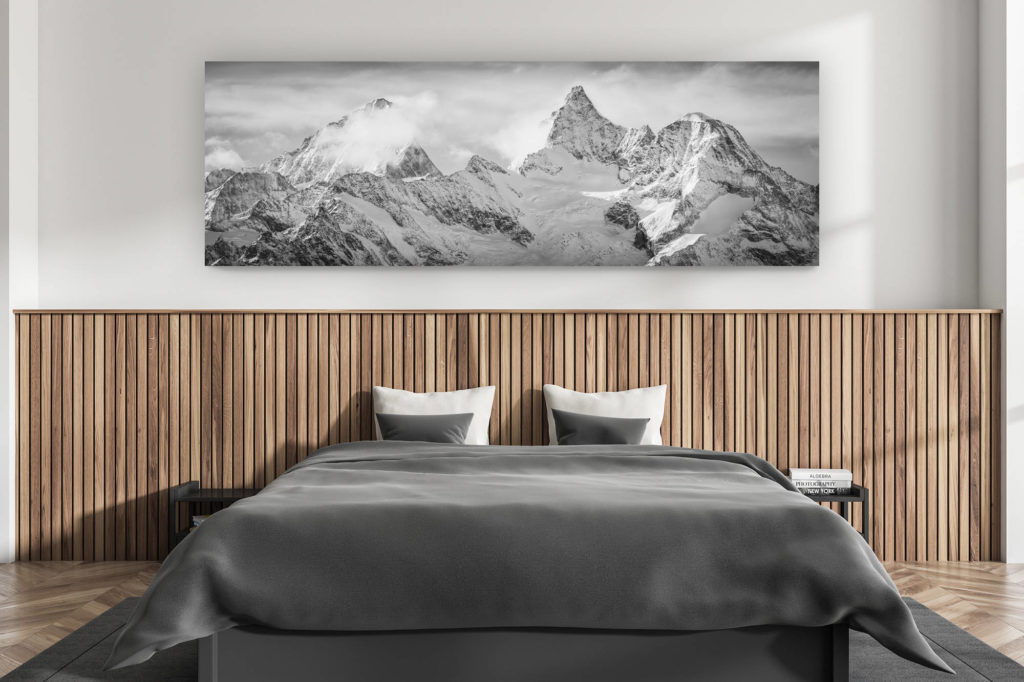 wanddekoration erwachsenenzimmer modern - innenausstattung schweizer chalet - großformatiges bergfoto schweizer alpen - schwarz-weißes bergpanorama der schweizer berge von zermatt in den walliser alpen