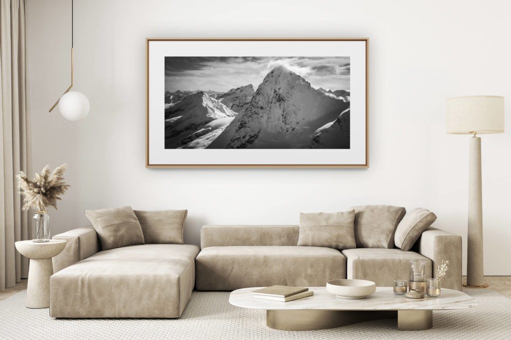 décoration salon clair rénové - photo montagne grand format - photo paysage montagne noir et blanc - alpes suisses val d'hérens - photo panoramique des alpes