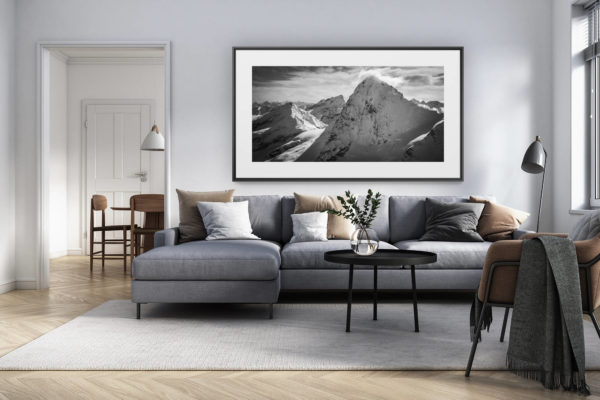 décoration intérieur salon rénové suisse - photo alpes panoramique grand format - photo paysage montagne noir et blanc - alpes suisses val d'hérens - photo panoramique des alpes