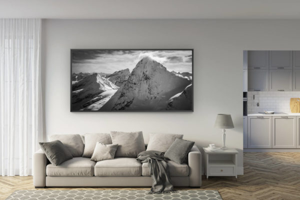déco salon rénové - tendance photo montagne grand format - photo paysage montagne noir et blanc - alpes suisses val d'hérens - photo panoramique des alpes