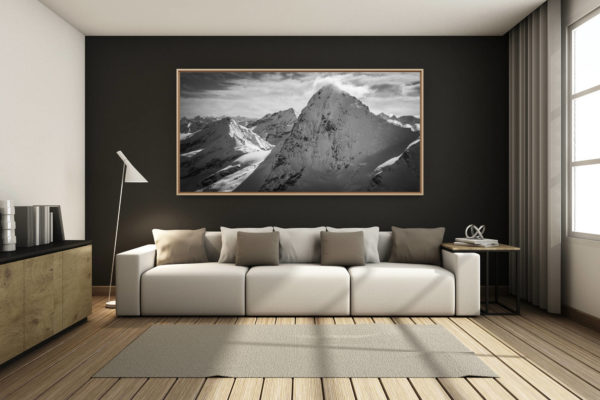 déco salon chalet rénové de montagne - photo montagne grand format -  - photo paysage montagne noir et blanc - alpes suisses val d'hérens - photo panoramique des alpes
