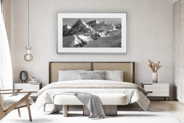deco chambre chalet suisse rénové - photo panoramique montagne grand format - Photo de neige en montagne noir et blanc - Prints photo à encadrer en vue panoramique - photo de montagne à vendre - The Dent Blanche - Weisshorn - Zinalrothorn - Obergabelhorn