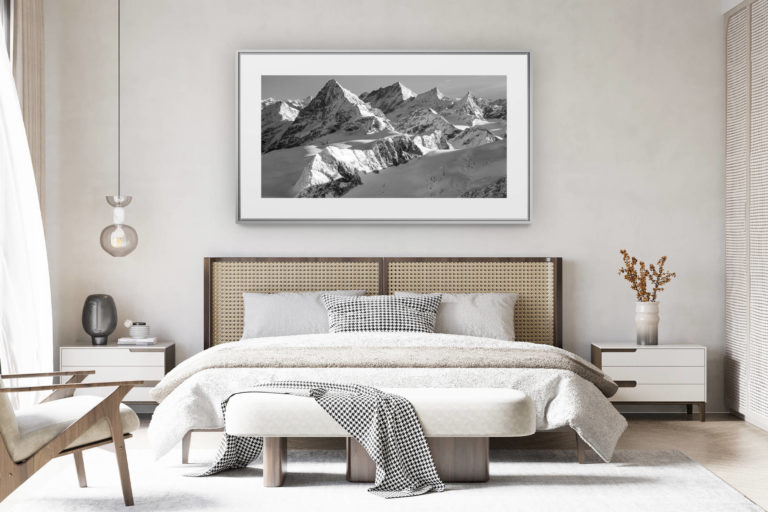 déco chambre chalet suisse rénové - photo panoramique montagne grand format - Photo de neige en montagne noir et blanc - Tirage photo à encadrer en vue panoramique - photo de montagne à vendre - Dent Blanche - Weisshorn - Zinalrothorn - Obergabelhorn